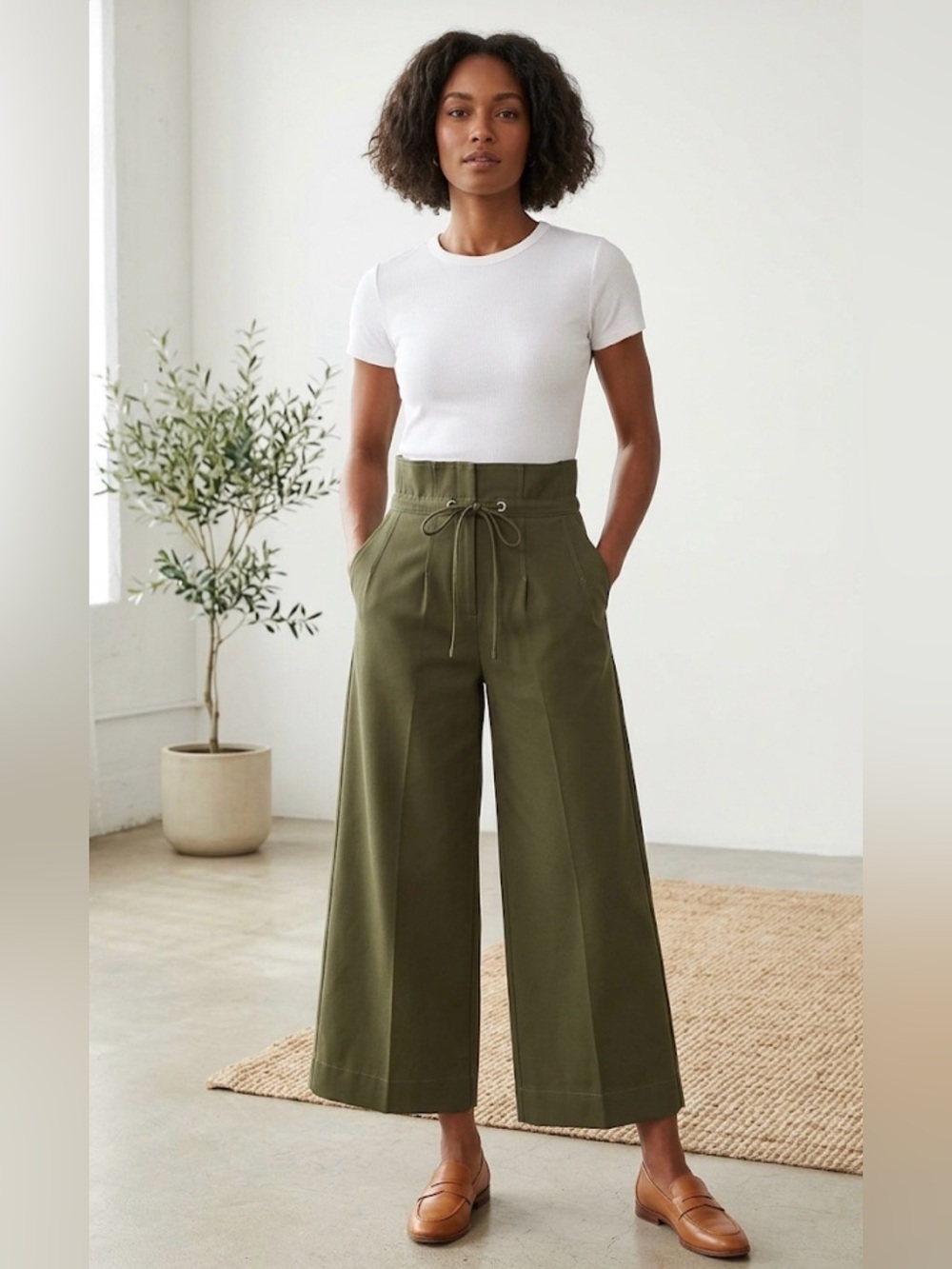 🫒 High-Waist Olive Wide-Leg Pants with Drawstring - size 10 (NWOT)